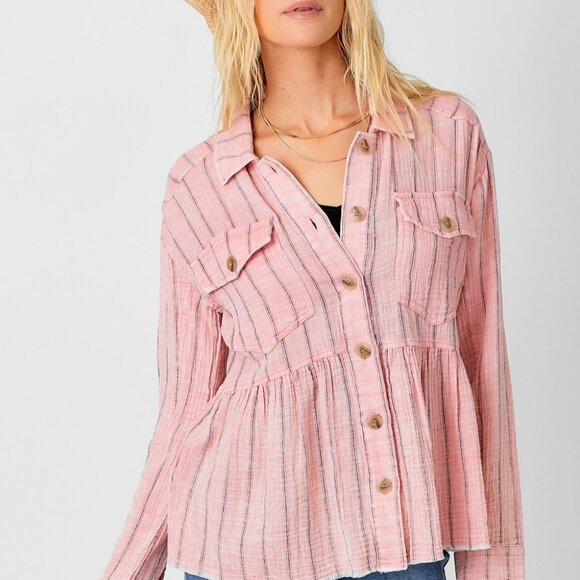 MYSTREE Pink Striped Button Front Shacket, Lightweight Gauze Jacket Top, Western - Picture 2 of 4